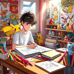 A cozy interior scene of a 9-year-old boy with messy hair, enthusiastically creating manga drawings in his colorful room set in a Pokémon world