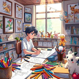 A vibrant and imaginative scene depicting a 12-year-old boy with tousled hair, passionately creating manga drawings in a cozy department within a Pokémon world