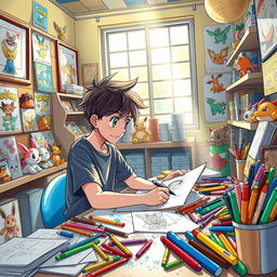 A vibrant and imaginative scene depicting a 12-year-old boy with tousled hair, passionately creating manga drawings in a cozy department within a Pokémon world