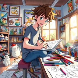 A vibrant and imaginative scene depicting a 12-year-old boy with tousled hair, passionately creating manga drawings in a cozy department within a Pokémon world