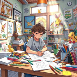 A vibrant and imaginative scene depicting a 12-year-old boy with tousled hair, passionately creating manga drawings in a cozy department within a Pokémon world