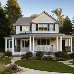 A picturesque house with an inviting front porch, tall windows, brick chimneys, spacious garden and all the cozy details one would imagine in a dream home.