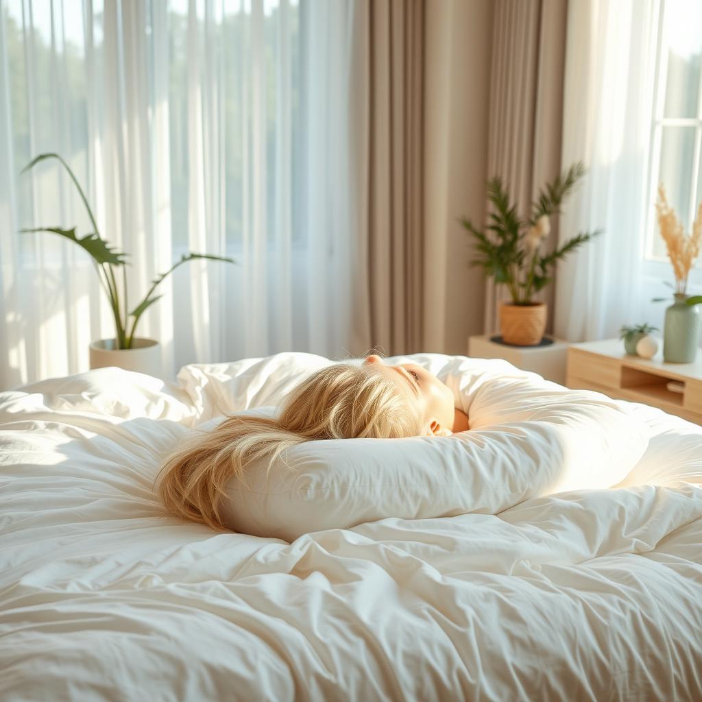 A serene bedroom scene featuring a beautiful white blonde woman lying on a plush, white bed with soft, luxurious bedding