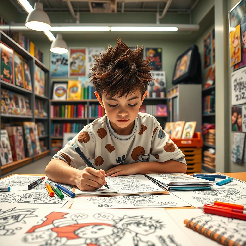 A dynamic scene featuring a 12-year-old boy with spiky hair, deeply focused on creating manga drawings in a bright and colorful department