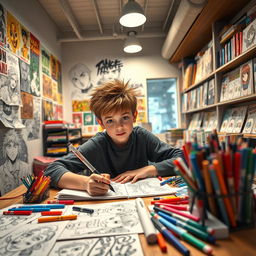 A dynamic scene featuring a 12-year-old boy with spiky hair, deeply focused on creating manga drawings in a bright and colorful department