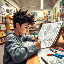 A dynamic scene featuring a 12-year-old boy with spiky hair, deeply focused on creating manga drawings in a bright and colorful department