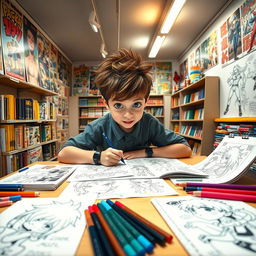 A dynamic scene featuring a 12-year-old boy with spiky hair, deeply focused on creating manga drawings in a bright and colorful department