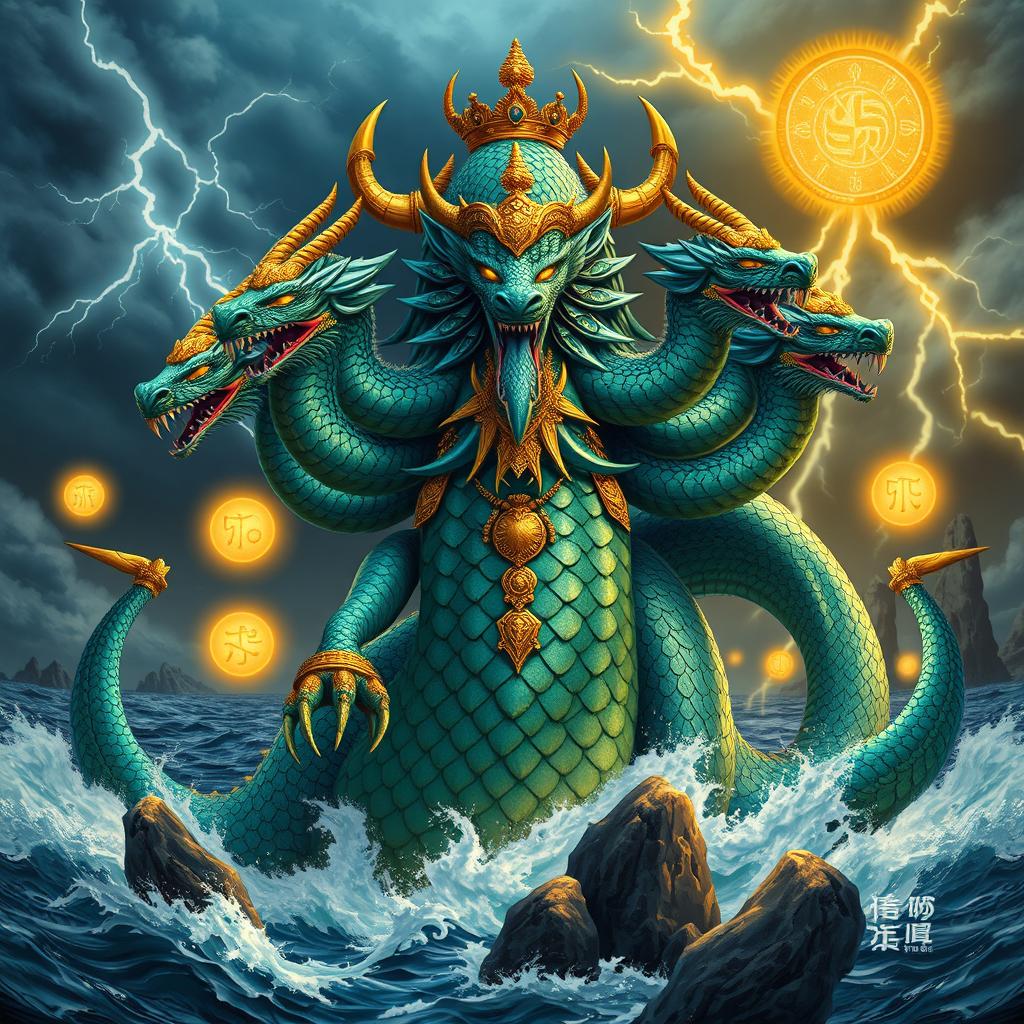 A majestic depiction of Tiamat, the ancient goddess of the sea and mother of dragons, with a commanding presence