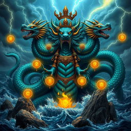 A majestic depiction of Tiamat, the ancient goddess of the sea and mother of dragons, with a commanding presence