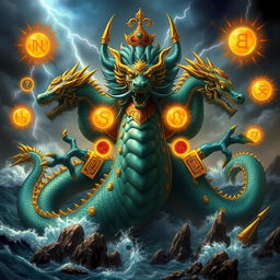 A majestic depiction of Tiamat, the ancient goddess of the sea and mother of dragons, with a commanding presence