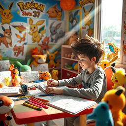 A lively scene featuring a 12-year-old boy with spiky hair, passionately creating manga drawings in a cheerful department designed in a Pokémon style