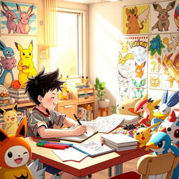 A lively scene featuring a 12-year-old boy with spiky hair, passionately creating manga drawings in a cheerful department designed in a Pokémon style