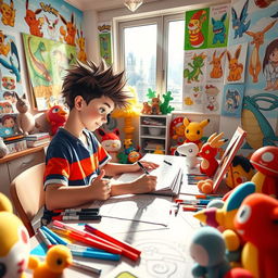 A lively scene featuring a 12-year-old boy with spiky hair, passionately creating manga drawings in a cheerful department designed in a Pokémon style