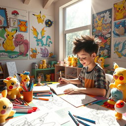 A lively scene featuring a 12-year-old boy with spiky hair, passionately creating manga drawings in a cheerful department designed in a Pokémon style