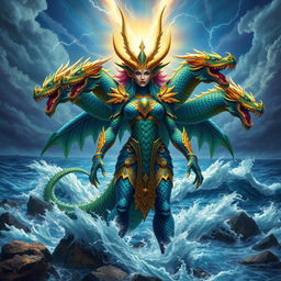 A majestic humanoid representation of Tiamat, the mother of dragons and goddess of the sea