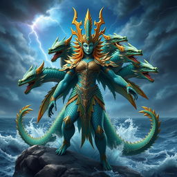 A majestic humanoid representation of Tiamat, the mother of dragons and goddess of the sea