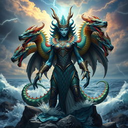 A majestic humanoid representation of Tiamat, the mother of dragons and goddess of the sea