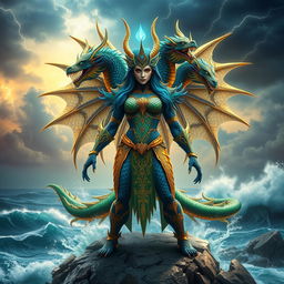 A majestic humanoid representation of Tiamat, the mother of dragons and goddess of the sea