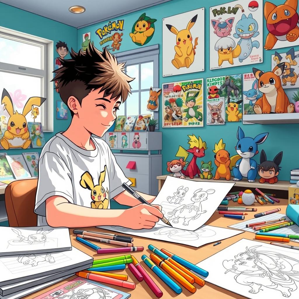 A lively scene featuring a 13-year-old boy with short, spiky hair, eagerly creating manga drawings in a vibrant department set in the Pokémon universe