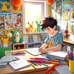 A lively scene featuring a 13-year-old boy with short, spiky hair, eagerly creating manga drawings in a vibrant department set in the Pokémon universe