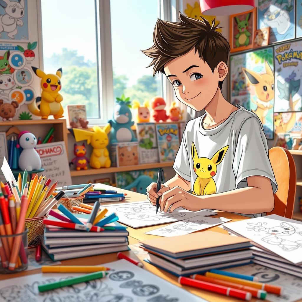 A lively scene featuring a 13-year-old boy with short, spiky hair, eagerly creating manga drawings in a vibrant department set in the Pokémon universe