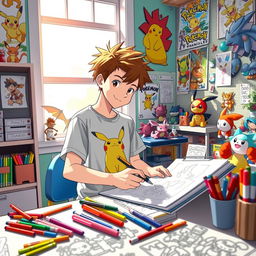 A lively scene featuring a 13-year-old boy with short, spiky hair, eagerly creating manga drawings in a vibrant department set in the Pokémon universe