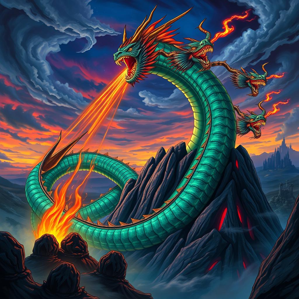 A majestic depiction of Tiamat, the goddess of dragons, towering over a dramatic fantasy landscape