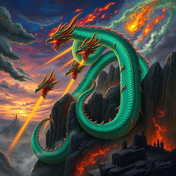 A majestic depiction of Tiamat, the goddess of dragons, towering over a dramatic fantasy landscape