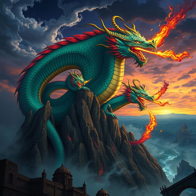 A majestic depiction of Tiamat, the goddess of dragons, towering over a dramatic fantasy landscape