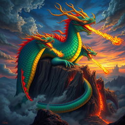 A majestic depiction of Tiamat, the goddess of dragons, towering over a dramatic fantasy landscape