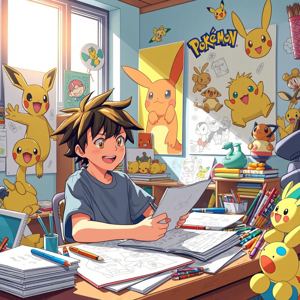 A vibrant scene depicting a 13-year-old boy with messy hair, enthusiastically creating manga in a colorful department inspired by the Pokémon universe