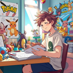 A vibrant scene depicting a 13-year-old boy with messy hair, enthusiastically creating manga in a colorful department inspired by the Pokémon universe