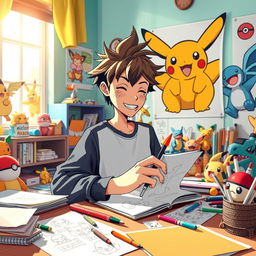 A vibrant scene depicting a 13-year-old boy with messy hair, enthusiastically creating manga in a colorful department inspired by the Pokémon universe