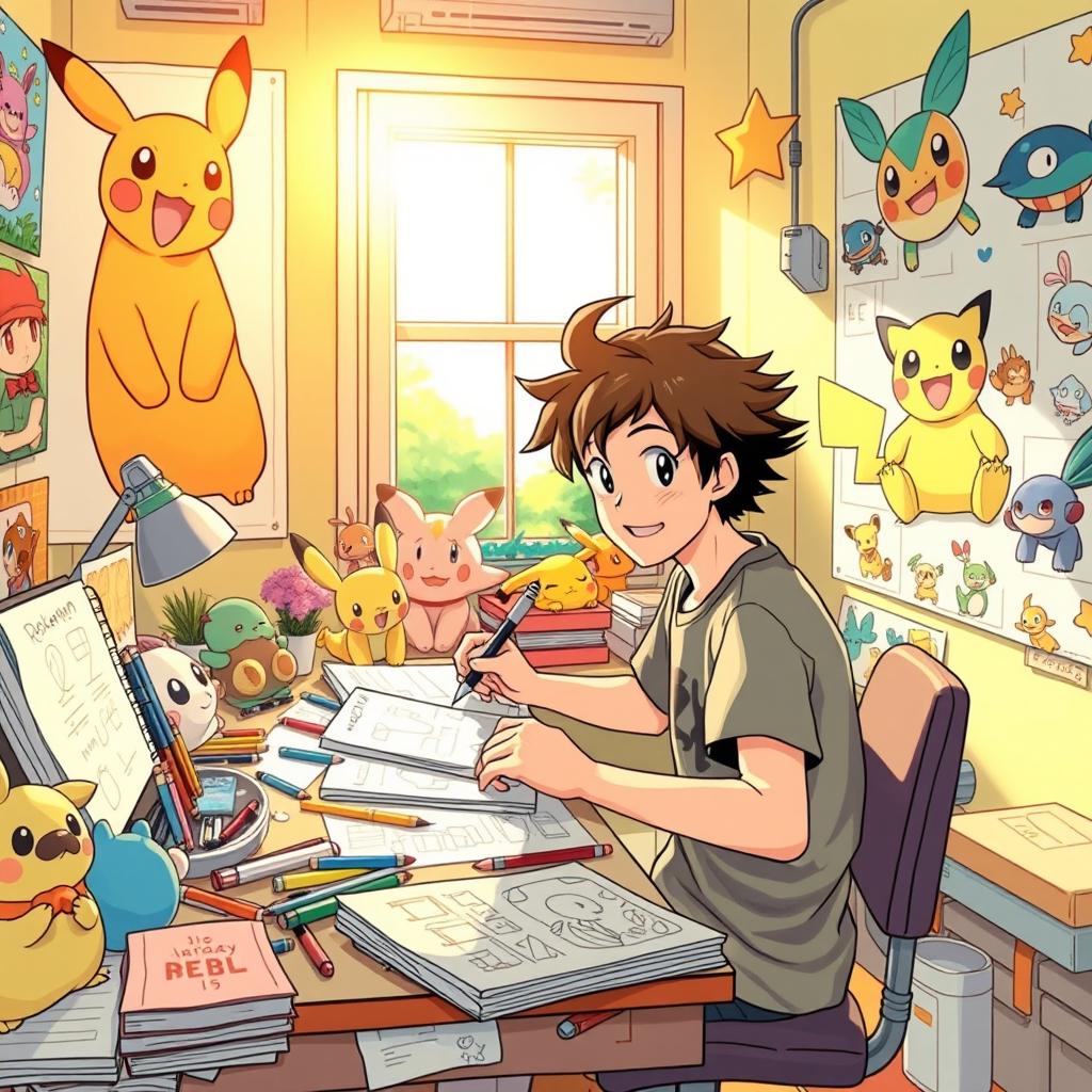 A vibrant scene depicting a 13-year-old boy with messy hair, enthusiastically creating manga in a colorful department inspired by the Pokémon universe