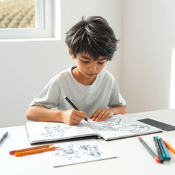 A focused scene depicting a 13-year-old boy with tousled hair, intently creating manga drawings in a minimalist department inspired by the Pokémon universe