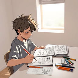 A focused scene depicting a 13-year-old boy with tousled hair, intently creating manga drawings in a minimalist department inspired by the Pokémon universe