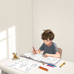 A focused scene depicting a 13-year-old boy with tousled hair, intently creating manga drawings in a minimalist department inspired by the Pokémon universe