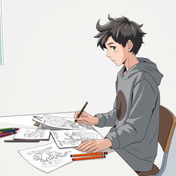 A focused scene depicting a 13-year-old boy with tousled hair, intently creating manga drawings in a minimalist department inspired by the Pokémon universe