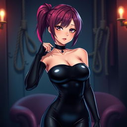 A beautifully designed anime girl dressed in a sleek black latex suit, exuding a combination of elegance and allure