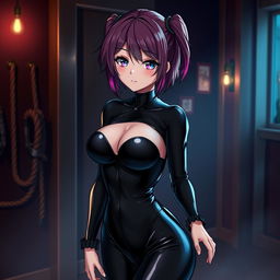 A beautifully designed anime girl dressed in a sleek black latex suit, exuding a combination of elegance and allure