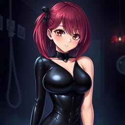 A beautifully designed anime girl dressed in a sleek black latex suit, exuding a combination of elegance and allure