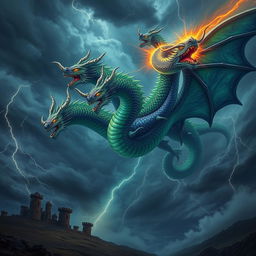 A majestic, multi-headed dragon representing Tiamat from Babylonian mythology, soaring through a stormy sky filled with swirling dark clouds and flashes of lightning