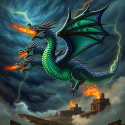 A majestic, multi-headed dragon representing Tiamat from Babylonian mythology, soaring through a stormy sky filled with swirling dark clouds and flashes of lightning