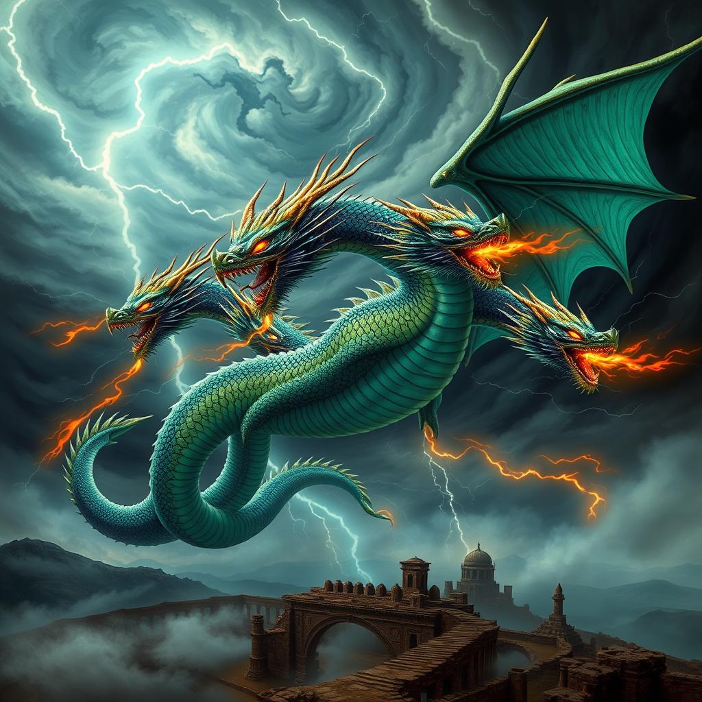 A majestic, multi-headed dragon representing Tiamat from Babylonian mythology, soaring through a stormy sky filled with swirling dark clouds and flashes of lightning