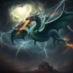 A majestic, multi-headed dragon representing Tiamat from Babylonian mythology, soaring through a stormy sky filled with swirling dark clouds and flashes of lightning