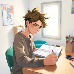 A focused scene portraying a 13-year-old boy with tousled hair, concentrating on creating manga drawings in a modest department inspired by the Pokémon universe