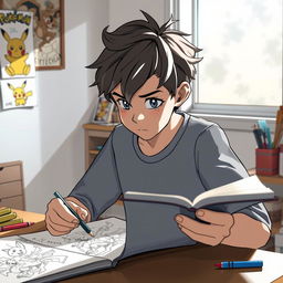 A focused scene portraying a 13-year-old boy with tousled hair, concentrating on creating manga drawings in a modest department inspired by the Pokémon universe