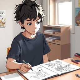 A focused scene portraying a 13-year-old boy with tousled hair, concentrating on creating manga drawings in a modest department inspired by the Pokémon universe