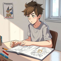 A focused scene portraying a 13-year-old boy with tousled hair, concentrating on creating manga drawings in a modest department inspired by the Pokémon universe