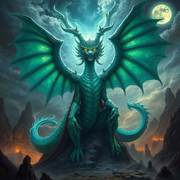 A majestic and powerful depiction of Tiamat, the dragon goddess from mythology, featuring her with large, intricate, shimmering scales in hues of emerald green and deep blue